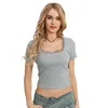 Camisetas femininas de manga curta colher color de cor sólida slim fit camisetas