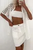 Damen-Trailsuits 2024 Halbhülse hohle Strickjacken Top-Outfit Frauen Sommer Turndown Collar Loungewear passende Sets White Patchwork Ladies Damen