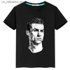 T-shirts d'été à manches courtes garçons et filles noires coton t-shirt sweat-shirt top ronaldo football étoile imprimé pour enfants vêtements Q240418