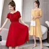 Feestjurken zomer solide kleur vouwen veter chiffon jurk dames één woord kraag casual mode taille midi a-line robe femme vestidos