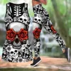 Leggings femminile Donne sexy Elastic Fitness Gym Sport Workout High Waist Tops Tops Yoga Pants Sets Set Halloween Skull Rose 3D Stampe