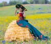 Turkusowa niebieska księżniczka meksykańska Charro Quinceanera sukienki z ramionami marszczenia kwiatowe hafty vestido 15 anos quinceanera