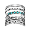 Cluster Rings Bohemian Carved Turquoise Ring Women Wide Band Vintage Layered Sliver Jewelry Gift For Girls 2024