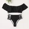 Vrouwelijk badpak strand slijtage dames gegolfd schouder sexy solide gesplitste badmode zomer zwempak strandkleding set 240416