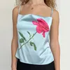 Kvinnors tankar 2024 Casual Summer Satin Tank Topps Blue Sleeveless Rose Print Tie Up Silky Camisole