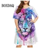 Casual Dresses 2024 Summer Women's Dress Tie Dye Lion Print Short Sleeve Oversized Retro Y2k Clothing Harajuku Female Vestidos