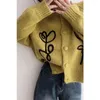 Damen Strick koreanische modische grüne florale gedruckte Strickjacke Frau O Hals Langarm Strickwege Einkreasted CRPPED-Strick-Top Weibchen