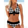 Kvinnors badkläder Summer Fashion Design Womens Bikini Tvådelar Set med Blue Polka Dot Print Sports Beach Wear S-5XL