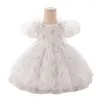 Flickaklänningar Flower Girls Big Bow Princess Party Dress for Kids Toddler Puff Sleeve Floral Prom Gown Spädbarn Formell 1st Birthday Ball