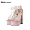 Kleiderschuhe rosa Wildleder Perlen Sandalenkreuz Herz Drop Samt Plattform High Heel Chunky Heels Party Landebahn