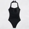 Женские купальные костюмы 2024 Halter Swimsuit Женщины с одной частью сексуальные черные женские купальщики купание плавание плавание пляжная одежда