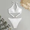 Women's Swimwear One Piece Swimsuit Sexy White Shiny Backless Women Halter Cut Out Monokini High Bathing Suit Bandage Bather Swim