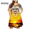 Casual Dresses 2024 Summer Women's Dress Tie Dye Lion Print Short Sleeve Oversized Retro Y2k Clothing Harajuku Female Vestidos