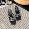 Talltor Square Toe Rhinestone Cross Strap Women's Sandals Stiletto High Heels Solid Color Hollow Slip On Slides Fashion Summer