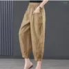 Calças femininas Moda bolsos de cor sólida Bloomers Roupas de cintura alta 2024 verão elástico solto casual cortado