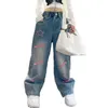 Girls School Wide Leg Pants With Heart Star Design Casual Loose Kids Fashion Long Jeans Children Korean Style Trousers 240418