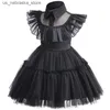 Abiti da ragazza mercoledì Adams Baby Girl Dress Summer Mesh Princess Ball Ball Party Performance Costume Abbigliamento per bambini 1 2 3 4 5 6 anni Q240418