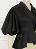 Blusas femininas camisas femininas pretas mangas de manga curta preta de babados elegantes cargos diários festas peplum tops outwear para mulheres