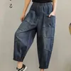 Frauen Jeans Vintage Autumn Arts Style Frauen elastische Taille Lose All-Match lässige Baumwolle Denim Harem Hosen Lu2064