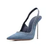 2024 new lady patent leather Denim metal Stiletto high heels Pumps Dress shoes Women bridal Wedding Summer pillage pionted toe party size 34-45 word Elastic band