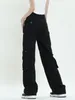 Jeans féminins American Straight Cargo noir printemps automne rue Automne Style décontracté Pantalons de denim de taille haute taille