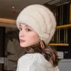Berets Mink Skin Paille Hat d'hiver mode Bow Béret féminin Russe Russe Middle and Elderly Elegant Warmth Gift