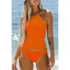 Womens Bathing Suit Solid Color Drawstring Side Halter Neck Tankini Set Black Bikinis Two Piece Swimwears Beachwear 240416