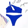 Women's Swimwear Bikini Sets Sexy Blue One Shoulder 2024 Mujer Women Cut Out Swimsuit Bathing Suit Brazilian Biquinis Ring Linked