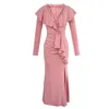 Lässige Kleider französische elegante Prom Frau Promi Pink Elastic Rüfeln Falten Wickeln Hüftschlitz Fishtail Robe Femme Party Urlaub Vestidos