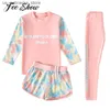 One-Pieces 3pcs childrens and girls colorful printed swimsuit with long sleeved top and shorts pants set sun protection Rush protective swimsuit Q240418