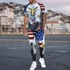 Mens T-shirt Long Pants Tracksuit American Flag 3D Print T Shirts Trousers Set 2 Pieces Streetwear Overdized Sportswear 240407