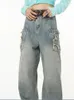Jeans femininos azul vintage Baggy Women Streetwear Pockets Wide Leg Fonts Chants High Straight Denim Troushers 2024