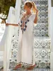 Moda de banho feminina edolynsa branco vintage bordado longa kaftan casual vido maxi vestido de verão roupas mulheres praia use maiô de natação q1490