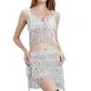 Robes de travail Femmes Belly Dancing Tenues Sparkle Sequins Tassel Bra Tops et Hip Scarf Wrap Jirt for Party Night Clubs Rave Costume