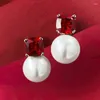 Stud Earrings S925 Silver Ear Dings Pigeon Blood Ruby Set 12mm Pearl Fashionable And Versatile For Women