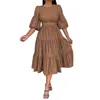 Casual Dresses Women Big Swing Dress Solid Color Elegant A-line Midi With Puff Sleeves Belted Waist Soft Patchwork Pleats For