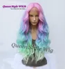 Sereia pastel arco -íris peruca sintética cor arco -íris rosa azul roxo fluorescente ombre verde de cabelo renda frontal sereia Cos4683355