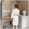 Casual Dresses Elegant Formal Half High Neck Hollow Long Sleeve Waistband Knitted Dress Women Elastic Spring Slim Bodycon Sweater