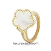 High End smycken ringar för VanCleff Womens Four Leaf Clover Single Flower Red Agate Laser Ring Classic Two Flower 18K Rose Gold Womens Ring Original 1: 1 med riktig logotyp