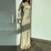 Casual Dresses Women Round Neck Dress Elegant Satin Maxi med långa horn ärmar för promfest mjuk andningsbar aftonklänning