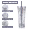 Tumblers A 700ML Double Laser Glitter Cup Grey Straw Plastic With