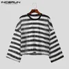 メンズTシャツInceurn Tops 2024 American Style Striped Knitted Design TシャツレジャーストリートウェアロングスリーブルーズカミゼタS-5XL