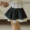 Koreański styl wiosenny jesień dla dzieci spódnica z koronką dżinso patchwork puste z wysokiej talii krótkie spódnice Dzieci Ubranie H030 240428