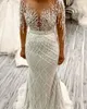 2024 Arabiska Dubai sjöjungfru bröllopsklänning med avtagbar tåg ren nacke långa ärmar pärlspetsar applikation pärlor brudklänningar vestidos de novia
