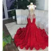 Sexy Glitzer Red Mermaid Prom Kleider 2023 Sheer Neck Crystal Pailletten Geburtstagskleider Homecoming Robe de Bal 0418