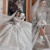 Gorgeous Ball Gown Wedding Dresses High Collar Long Sleeves Beads Sequins Appliques Lace Custom Made Sweep Train Bride