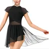 Stage Wear Women Dance Dress Flutter Sleeve Mesh Skirted Leotard Lyrical Costume Water-Drop Hollow Back