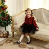 幼児の子供の女の子の服クリスマスドレスフリル赤い格子縞の黒いメッシュスカート衣装全体秋の冬