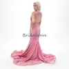 Pink Prom Dresses For Black Girl 2024 Extravagant Sequin Diamond Mermaid Evening Dress See Througth Side Let Fishtail Formal Dress Elegant Birthday Party Gown Luxe