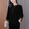 Calça de duas peças feminina 2024 seda vintage de veludo chinês conjunto de cores sólidas camisa de manga comprida Top mamãe slim